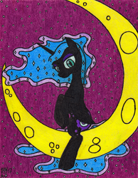 Size: 1620x2092 | Tagged: safe, artist:aracage, nightmare moon, g4, crescent moon, looking at you, moon, sitting, stars, traditional art, younger
