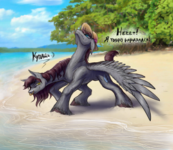 Size: 2300x2000 | Tagged: safe, artist:jehr, oc, oc only, pegasus, pony, beach, conjoined, conjoined twins, day, hat, high res, looking left, multiple heads, ocean, siblings, sky, solo, tree, two heads, water, wings, wings down