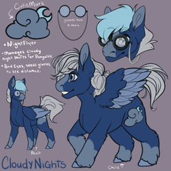 Size: 1920x1920 | Tagged: safe, artist:catatonic_illustrates, oc, oc:cloudy nights, pegasus, pony, blaze (coat marking), blue eyes, child, cloud, coat markings, crescent moon, dark clouds, facial markings, feather, feathered wings, fetlock tuft, glasses, moon, nonbinary, nostrils, pegasus wings, reference sheet, smiling, snout, socks (coat markings), solo, spread wings, two toned mane, wings