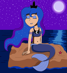 Size: 1295x1410 | Tagged: safe, artist:ocean lover, princess luna, human, mermaid, starfish, bandeau, bare shoulders, beautiful, beautisexy, belly, belly button, blue eyeshadow, blue hair, blue lipstick, boulder, crown, curvy, elegant, ethereal hair, eyes closed, eyeshadow, fins, fish tail, hourglass figure, human coloration, humanized, jewelry, lipstick, long hair, makeup, mermaid princess, mermaid tail, mermaidized, mermay, midriff, moon, ms paint, night, night sky, ocean, pose, pretty, princess of the night, reflection, regalia, relaxing, rock, shiny hair, sitting, sky, smiling, species swap, starry background, starry hair, starry night, stars, tail, tail fin, water, wavy hair
