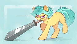 Size: 2343x1351 | Tagged: safe, artist:rexyseven, oc, oc only, oc:karoline skies, earth pony, pony, giant sword, imminent violence, mouth hold, not hitch trailblazer, raised hoof, raised leg, solo, sweat, sweatdrops, sword, weapon