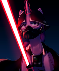 Size: 2752x3303 | Tagged: safe, artist:maren, twilight sparkle, pony, unicorn, g4, darth vader, disney, female, glowing, glowing horn, high res, horn, lightsaber, looking at you, mare, sith, solo, star wars, twilight is anakin, unicorn twilight, weapon
