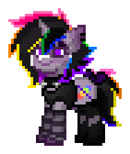 Size: 188x224 | Tagged: safe, oc, oc only, oc:strobestress, pony, unicorn, pony town, animated, barely animated, blinking, bow, clothes, collar, ear piercing, earring, eyeshadow, glowstick, jewelry, leg warmers, makeup, multicolored hair, piercing, pixel art, purple eyes, rainbow hair, simple background, smiling, smirk, socks, solo, sprite, thigh highs, transparent background