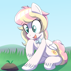 Size: 2000x2000 | Tagged: safe, artist:trackheadtherobopony, oc, oc only, oc:ninny, pegasus, pony, bow, grass, high res, looking at something, solo, sprout