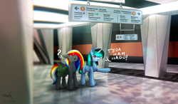 Size: 2560x1500 | Tagged: safe, artist:chrystal_company, artist:darky_wings, oc, oc only, oc:chrystal, oc:darky wings, pegasus, pony, unicorn, bag, collaboration, cyrillic, duo, escalator, female, looking up, metro, misunderstanding, moscow, pointing, ponified, russia, russian, subway