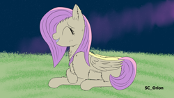 Size: 3840x2160 | Tagged: safe, artist:sc_orion, fluttershy, pegasus, pony, g4, ^^, eyes closed, fluffy, grass, grin, high res, lying down, missing cutie mark, night, smiling, solo, wings