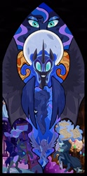 Size: 1084x2180 | Tagged: safe, artist:thatonegib, nightmare moon, princess luna, bat pony, pony, unicorn, g4, banner, castle of the royal pony sisters, digital art, element of generosity, element of honesty, element of kindness, element of laughter, element of loyalty, element of magic, elements of harmony, grin, levitation, looking at you, magic, night guard, prophecy, scroll, signature, smiling, smiling at you, spread wings, stained glass, telekinesis, wings