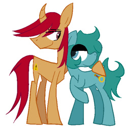 Size: 512x512 | Tagged: safe, artist:alandisc, oc, oc only, oc:max crow, oc:raymond pony, earth pony, pony, unicorn, butt touch, curved horn, duo, eye clipping through hair, eyebrows, eyebrows visible through hair, height difference, hoof on butt, horn, looking at each other, looking at someone, male, raised hoof, simple background, smiling, smirk, tall, white background