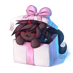 Size: 1500x1500 | Tagged: safe, artist:gicme, oc, oc only, oc:enderdan t'dark, alicorn, pony, :3, alicorn oc, box, cute, cyrillic, horn, no nose, ocbetes, pony in a box, pony present, solo, wings