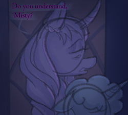 Size: 771x695 | Tagged: safe, anonymous artist, misty brightdawn, opaline arcana, alicorn, pony, unicorn, series:misty pov, g5, curved horn, dialogue, duo, duo female, ears back, eyeshadow, female, horn, makeup, manipulation, mare, ringlets
