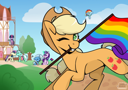 Size: 4093x2894 | Tagged: safe, artist:jellysketch, applejack, bon bon, lyra heartstrings, rainbow dash, starlight glimmer, sweetie drops, trixie, twilight sparkle, alicorn, earth pony, pegasus, pony, unicorn, g4, aromantic pride flag, asexual pride flag, bisexual pride flag, cowboy hat, female, glowing, glowing horn, hat, high res, horn, implied fluttershy, kissing, lesbian, lesbian pride flag, magic, mare, mouth hold, nonbinary, nonbinary pride flag, one eye closed, pride, pride flag, pride month, rainbow, septet, ship:lyrabon, ship:startrix, shipping, telekinesis, trans trixie, transgender, transgender pride flag, twilight sparkle (alicorn), wink
