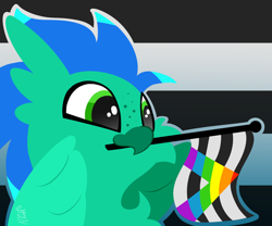 Size: 1800x1500 | Tagged: safe, artist:starcasteclipse, oc, oc only, oc:sky splash, hippogriff, beak, commission, cute, eyes open, flag, hippogriff oc, mouth hold, pride, pride flag, pride month, solo, straight ally flag, ych result