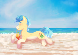 Size: 1063x752 | Tagged: safe, artist:tobiasking, oc, oc only, oc:sea biscuit, beach, coat markings, cute, drink, freckles, gradient mane, lying down, male, not hitch trailblazer, prone, socks (coat markings), stallion