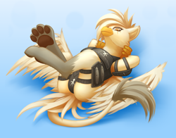 Size: 2800x2200 | Tagged: safe, artist:adagiostring, oc, oc:cloudcrest, griffon, fallout equestria, arm behind head, armor, beak, bird tail, butt, clothes, combat armor, crossed legs, griffon oc, high res, legs in air, leonine tail, looking at you, lying down, on back, panties, paw pads, paws, plot, simple background, solo, sultry pose, tail, talon merc, talons, underwear, wings
