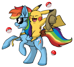 Size: 994x900 | Tagged: safe, artist:michifishu, rainbow dash, pegasus, pikachu, pony, g4, 2012, :d, crossover, duo, hat, necktie, old art, open mouth, open smile, poké ball, pokémon, riding, riding a pony, simple background, smiling, sunglasses, transparent background