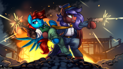 Size: 3840x2160 | Tagged: safe, artist:jedayskayvoker, oc, oc only, oc:kladro, oc:vodorod, pegasus, pony, clothes, colored sketch, commission, duo, duo male, epic, explosion, hat, high res, looking at you, male, necktie, pants, pegasus oc, shirt, sketch, suit