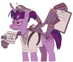 Size: 2048x1741 | Tagged: safe, artist:arrgh-whatever, twilight sparkle, pony, unicorn, g4, alternate versions at source, augmented, clipboard, clothes, inside job, lab coat, mug, reagan ridley, robotic arm, simple background, solo, unicorn twilight, white background