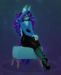 Size: 1776x2160 | Tagged: safe, artist:elektra-gertly, oc, oc only, oc:star dust, pegasus, anthro, blouse, blue background, blue eyeshadow, blue lipstick, blue mane, blue tail, choker, clothes, commission, corset, crossdressing, crossed arms, crossed legs, ear piercing, earring, eyelashes, eyeliner, eyeshadow, femboy, folded wings, furniture, glasses, green eyes, high heels, hobble skirt, jewelry, latex, latex skirt, lipstick, long hair male, long mane, long mane male, long nails, long tail, looking at you, loose hair, makeup, male, metal claws, pantyhose, pegasus oc, piercing, platform heels, platform shoes, purple background, purple mane, purple tail, reflection, shoes, simple background, skirt, smiling, smirk, smug, solo, tail, teal wings, two toned hair, two toned mane, two toned tail, wings