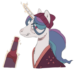 Size: 2048x1912 | Tagged: safe, artist:arrgh-whatever, princess celestia, pony, g4, beanie, beer bottle, bottle, hat, inside job, magic, rand ridley, simple background, solo, white background