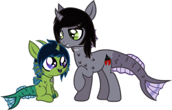 Size: 1966x1270 | Tagged: safe, artist:lightningbolt, derpibooru exclusive, oc, oc:demon hellspawn, half-siren, hybrid, pony, g4, .svg available, baby, baby pony, colored hooves, colored tongue, curved horn, duo, duo male, fangs, fins, fish tail, hair over one eye, happy, horn, jewelry, kellin quinn, looking at each other, looking at someone, looking down, magical gay spawn, male, necklace, offspring, open mouth, ponified, raised hoof, scales, show accurate, simple background, sitting, sleeping with sirens, slit pupils, smiling, stallion, standing, svg, tail, transparent background, vector