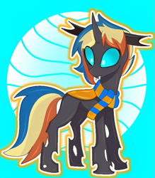 Size: 701x802 | Tagged: safe, artist:arianna_bonnie, oc, oc only, oc:sardonyx, changeling, blue background, changeling oc, clothes, cute, cuteling, cyan background, multicolored hair, orange changeling, rainbow hair, scarf, simple background, solo, striped scarf