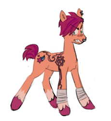 Size: 1881x2048 | Tagged: safe, artist:arrgh-whatever, sunny starscout, earth pony, pony, g5, arcane, bandage, bandaged leg, clothes, coat markings, cosplay, costume, ear piercing, female, mare, nose piercing, nose ring, piercing, short mane, short tail, simple background, socks (coat markings), solo, tail, tattoo, unshorn fetlocks, vi (arcane), white background