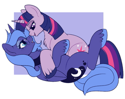 Size: 869x692 | Tagged: safe, artist:lulubell, princess luna, twilight sparkle, pony, unicorn, g4, bedroom eyes, boop, cuddling, female, freckles, glasses, imminent kissing, lesbian, lidded eyes, looking at each other, looking at someone, noseboop, open mouth, open smile, s1 luna, ship:twiluna, shipping, smiling, unicorn twilight, unshorn fetlocks