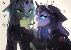 Size: 4093x2894 | Tagged: safe, artist:magnaluna, princess luna, queen chrysalis, changeling, changeling queen, pony, g4, angry, argument, behaving like a cat, clothes, constellation, crown, cute, cute little fangs, cutealis, drool, drool string, duo, duo female, ethereal mane, fangs, female, floppy ears, high res, hissing, horn, horn ring, jacket, jewelry, lunabetes, madorable, necklace, regalia, ring, signature, simple background, slit pupils, white background