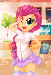 Size: 542x789 | Tagged: safe, artist:charliexe, sunny starscout, human, equestria girls, g4, g5, breasts, cafe, cat socks, clothes, cute, equestria girls-ified, female, g5 to equestria girls, g5 to g4, generation leap, microskirt, miniskirt, one eye closed, open mouth, open smile, peace sign, shirt, skirt, smiling, socks, solo, stockings, sunnybetes, thigh highs, thigh socks, wink