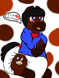 Size: 512x680 | Tagged: safe, artist:cavewolfphil, oc, oc only, earth pony, pony, blushing, clothes, diaper, diaper fetish, fetish, impossibly large diaper, jacket, male, non-baby in diaper, poofy diaper, simple background, sitting, stallion
