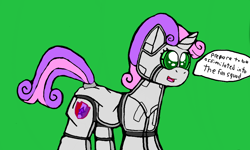 Size: 854x512 | Tagged: safe, artist:cavewolfphil, sweetie belle, gynoid, pony, robot, robot pony, unicorn, g4, diaper, female, filly, foal, green background, non-baby in diaper, simple background, solo, sweetie bot