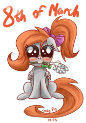 Size: 700x1000 | Tagged: safe, artist:redheadfly, oc, oc only, oc:lucky fly, pegasus, pony, female, flower, flower in mouth, mare, mouth hold, simple background, solo, white background