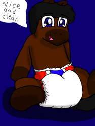 Size: 512x680 | Tagged: safe, artist:cavewolfphil, oc, oc only, oc:rocky roads, earth pony, pony, diaper, male, non-baby in diaper, poofy diaper, simple background, sitting, smiling, solo, speech bubble, stallion