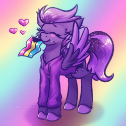 Size: 1000x1000 | Tagged: safe, artist:shad0w-galaxy, oc, oc only, oc:shadow galaxy, pegasus, pony, cheek fluff, chest fluff, clothes, cute, doodle, ethereal mane, eyes closed, fluffy, gradient background, heart, hoodie, hooves, pride, pride flag, pride month, rainbow background, smiling, solo, starry mane, starry tail, tail