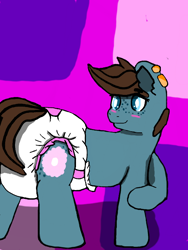 Size: 512x680 | Tagged: safe, artist:cavewolfphil, oc, oc only, oc:charley, earth pony, pony, 1000 hours in ms paint, blushing, diaper, ear piercing, earring, female, freckles, impossibly large diaper, jewelry, non-baby in diaper, piercing, simple background, smiling, solo, standing, tail tape