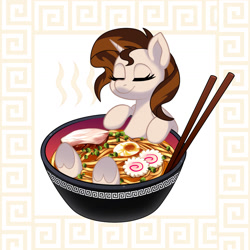 Size: 1300x1301 | Tagged: safe, artist:softpawsart, oc, oc only, oc:caramel, pony, unicorn, base used, eyes closed, female, food, mare, micro, noodles, ponies in food, ramen, solo