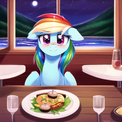 Size: 640x640 | Tagged: safe, ai composition, ai content, generator:novelai, prompter:ada, rainbow dash, pegasus, pony, g4, blushing, date, eyebrows, eyebrows visible through hair, female, floppy ears, folded wings, food, glass, indoors, interior, looking at you, mare, offscreen character, plate, pov, restaurant, sitting, sitting at table, smiling, smiling at you, solo, spread wings, story included, wings