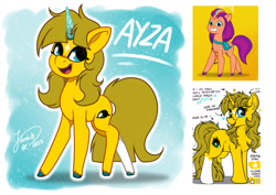 Size: 1920x1358 | Tagged: safe, artist:julunis14, sunny starscout, oc, oc:ayza, earth pony, pony, unicorn, g5, my little pony: tell your tale, facial markings, mane stripe sunny, open mouth, open smile, smiling, solo, stars, style emulation