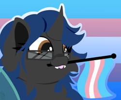Size: 1800x1500 | Tagged: safe, artist:starcasteclipse, oc, oc only, oc:sweet scribe, changeling, pony, changeling oc, commission, glasses, mouth hold, pride, pride flag, pride month, solo, transgender pride flag, ych result