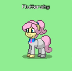 Size: 835x832 | Tagged: safe, fluttershy, g4, clothes, crystal curtain: world aflame, green background, necktie, pinpoint eyes, pixel art, ponytail, simple background, skirt, solo, suit, sweater, sweatershy