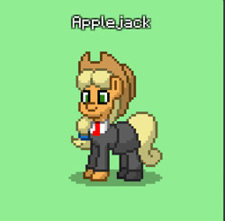 Size: 842x827 | Tagged: safe, applejack, earth pony, pony, g4, applejack's hat, clothes, cowboy hat, crystal curtain: world aflame, executive, green background, hat, necktie, pixel art, simple background, skirt, solo, suit