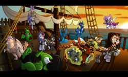 Size: 2500x1500 | Tagged: safe, artist:starcasteclipse, oc, oc only, bat pony, changeling, donkey, dragon, griffon, hippogriff, kirin, sea pony, sheep, unicorn, yak, zebra, fallout equestria, armor, boat, group photo, pipbuck, ship