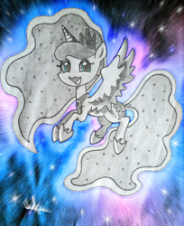 Size: 1536x1880 | Tagged: safe, artist:wojtek-ツ, princess luna, alicorn, pony, g4, black and white, female, flying, glitter, lined paper, looking at you, mare, monochrome, partial color, pencil drawing, photoshop elements, reference used, sketch, smiling, smiling at you, solo, spread wings, traditional art, wings