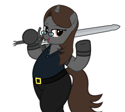Size: 4299x3842 | Tagged: safe, artist:mrvector, oc, oc only, oc:sonata, pony, unicorn, belt, bipedal, clothes, female, glasses, lidded eyes, looking away, looking back, mare, rebellion (devil may cry), shirt, shrug, simple background, solo, sword, transparent background, vector, weapon, wide hips