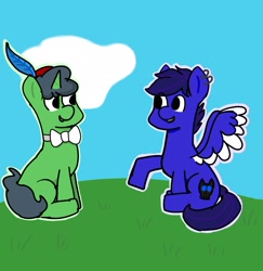 Size: 2007x2067 | Tagged: safe, oc, oc only, pegasus, pony, unicorn, bowtie, duo, feathered hat, hat, high res