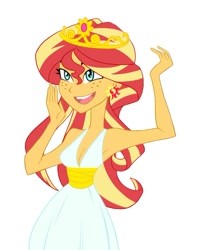 Size: 705x873 | Tagged: safe, artist:ignoto_delta, sunset shimmer, human, equestria girls, g4, my little pony equestria girls, breasts, cleavage, clothes, dress, ear piercing, earring, female, freckles, jewelry, peppered bacon, piercing, simple background, solo, tiara, white background