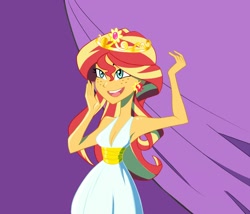 Size: 1094x936 | Tagged: safe, artist:ignoto_delta, sunset shimmer, human, equestria girls, g4, my little pony equestria girls, breasts, cleavage, clothes, crown, dress, female, freckles, jewelry, open mouth, open smile, peppered bacon, regalia, smiling, solo, tiara