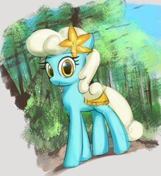 Size: 827x907 | Tagged: safe, artist:vultraz, serena, earth pony, pony, g4, clothes, female, flower, flower in hair, forest, looking at you, mare, skirt, solo, walking