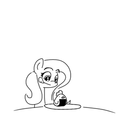 Size: 500x500 | Tagged: safe, artist:hotkoin, fluttershy, bird, chicken, pegasus, pony, g4, black and white, eyebrows, eyebrows visible through hair, female, food, grayscale, licking, licking lips, meat, monochrome, onigiri, plate, ponies eating meat, simple background, solo, table, tongue out, white background