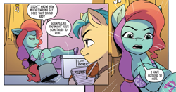 Size: 913x477 | Tagged: safe, artist:amy mebberson, idw, hitch trailblazer, jazz hooves, earth pony, pony, g5, spoiler:comic, spoiler:g5comic, spoiler:g5comic12, comic, female, frog (hoof), jazz hooves is not amused, male, mare, sassy, stallion, unamused, underhoof, unshorn fetlocks